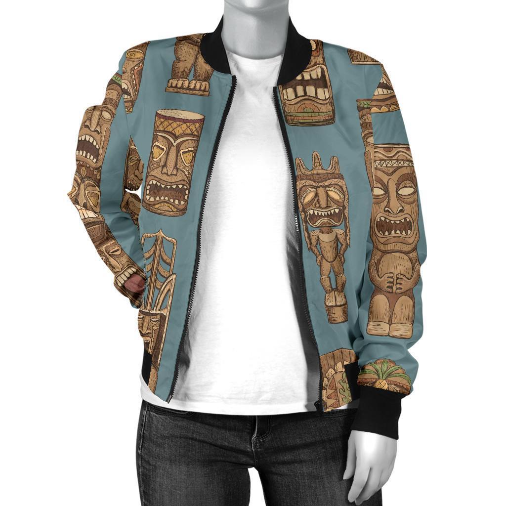 Tiki Print Pattern Women Casual Bomber Jacket-grizzshop