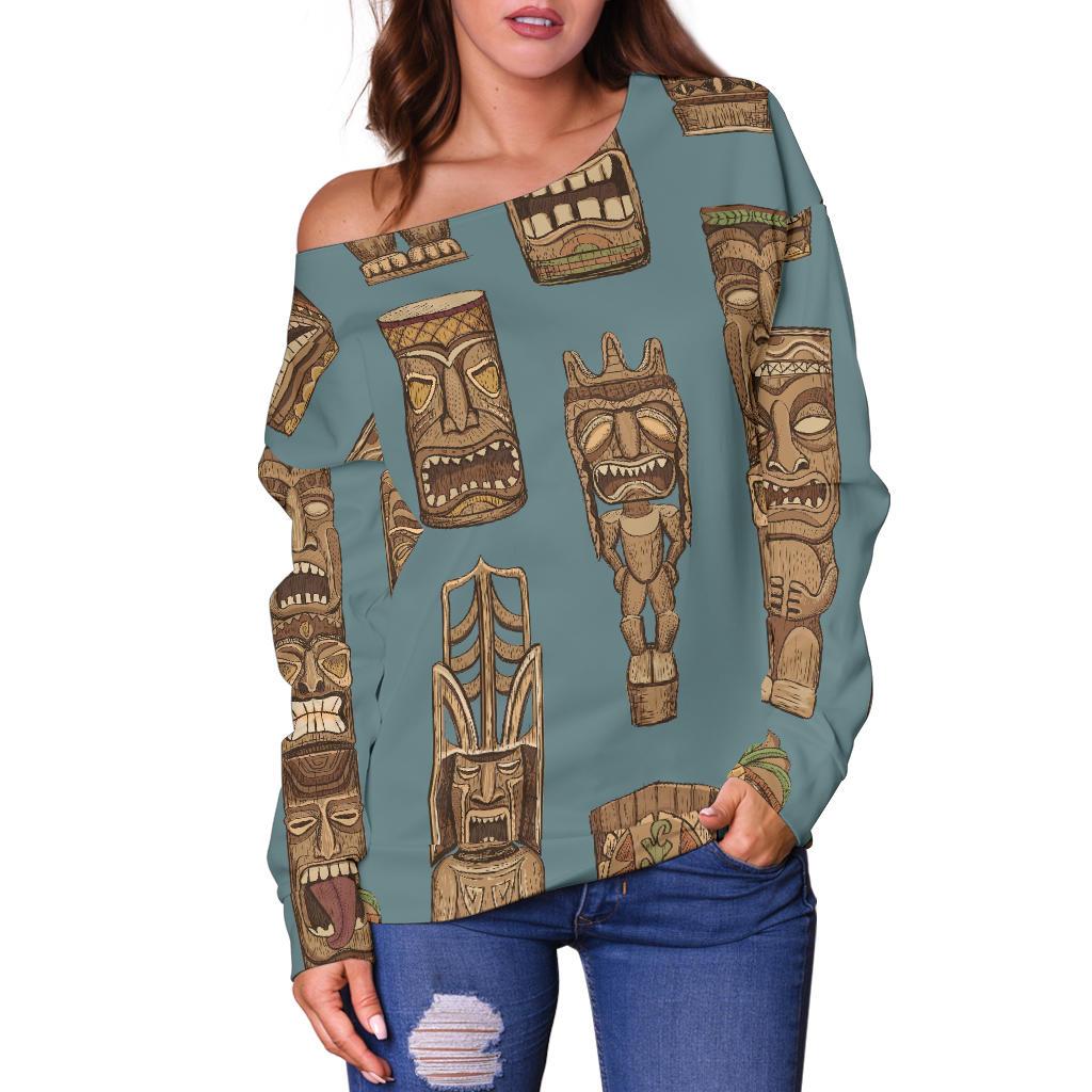 Tiki Print Pattern Women Off Shoulder Sweatshirt-grizzshop