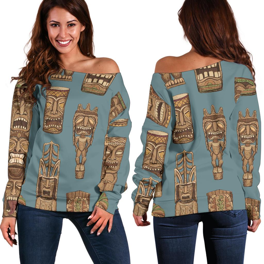 Tiki Print Pattern Women Off Shoulder Sweatshirt-grizzshop