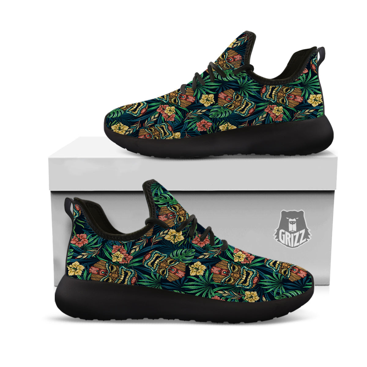 Tiki Tropical Print Pattern Black Athletic Shoes-grizzshop