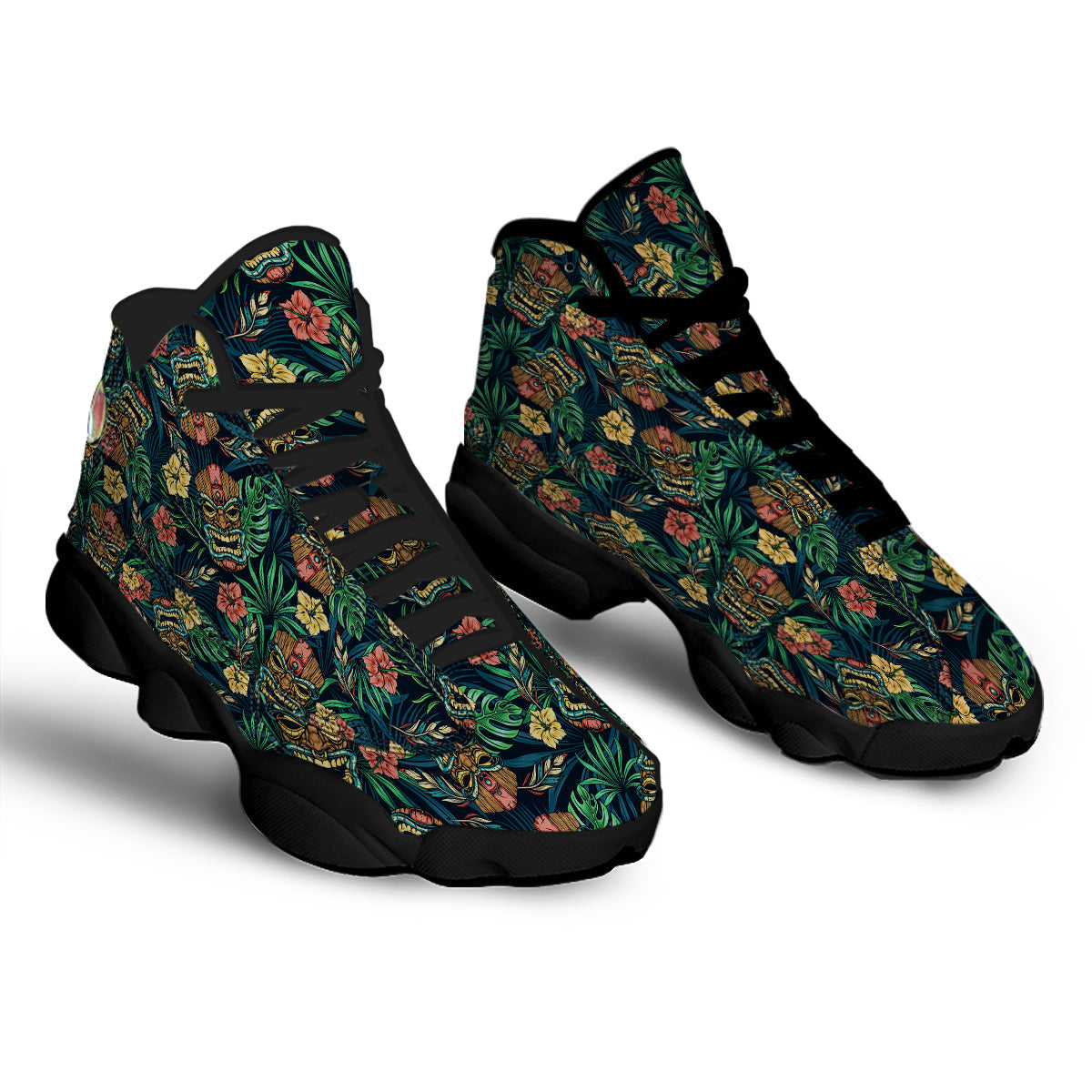Tiki Tropical Print Pattern Black Basketball Shoes-grizzshop
