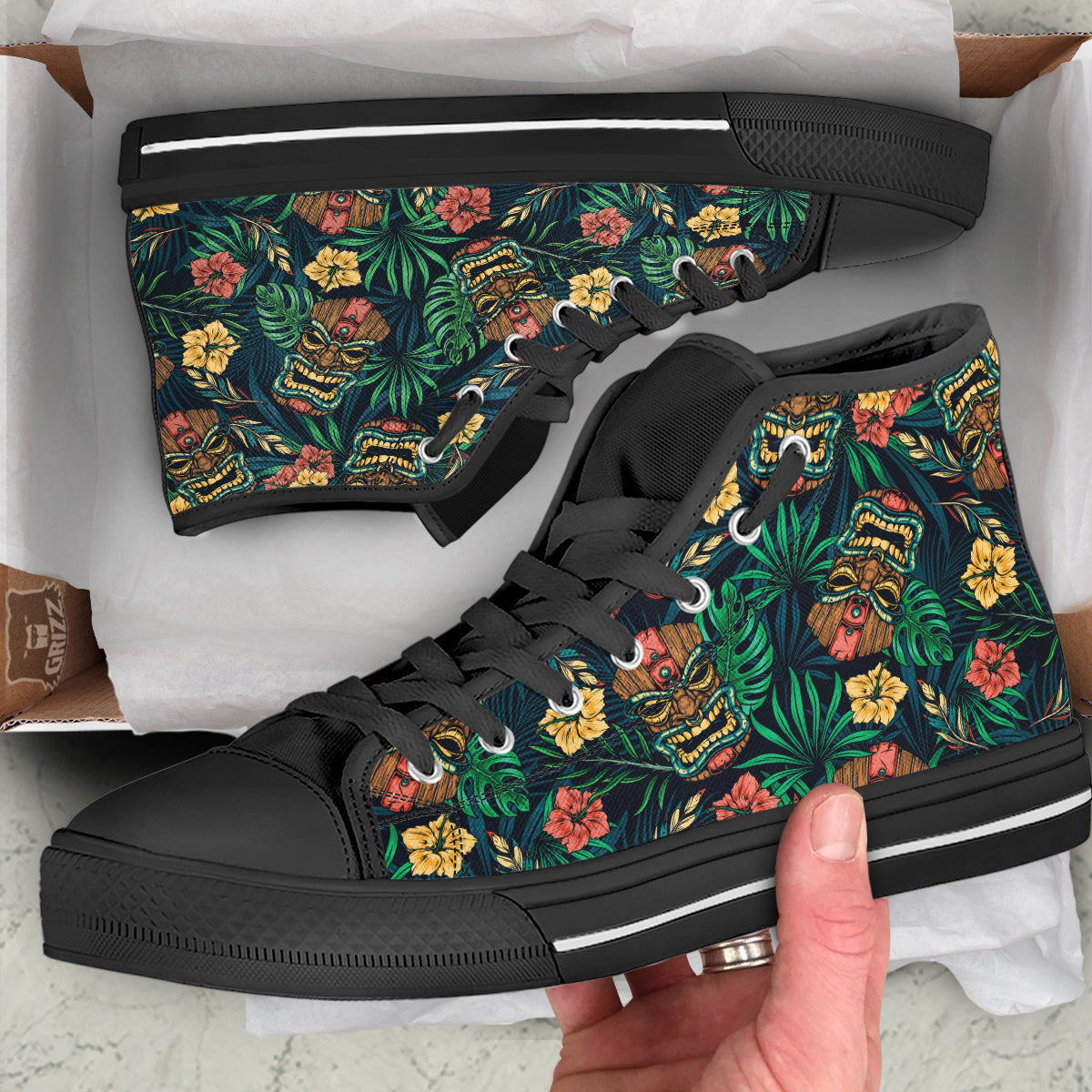 Tiki Tropical Print Pattern Black High Top Shoes-grizzshop