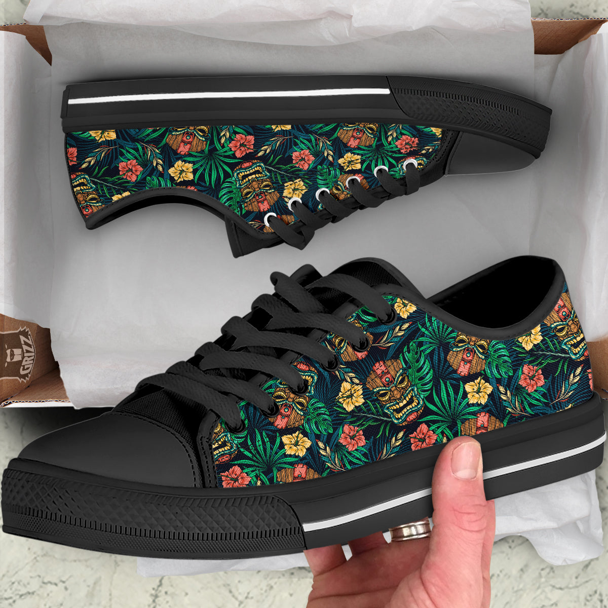 Tiki Tropical Print Pattern Black Low Top Shoes-grizzshop