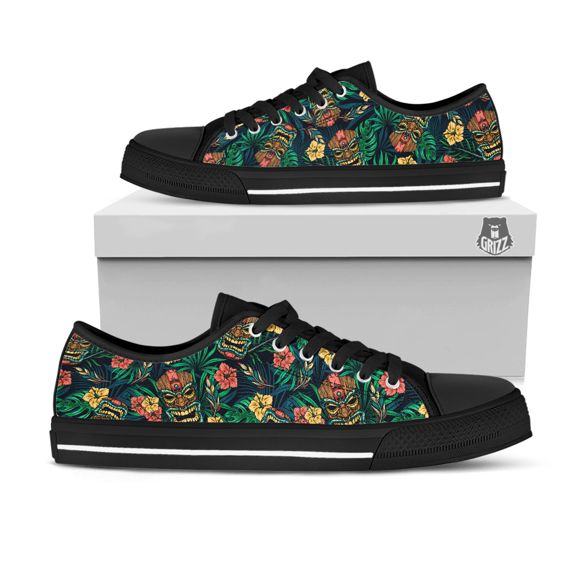 Tiki Tropical Print Pattern Black Low Top Shoes-grizzshop