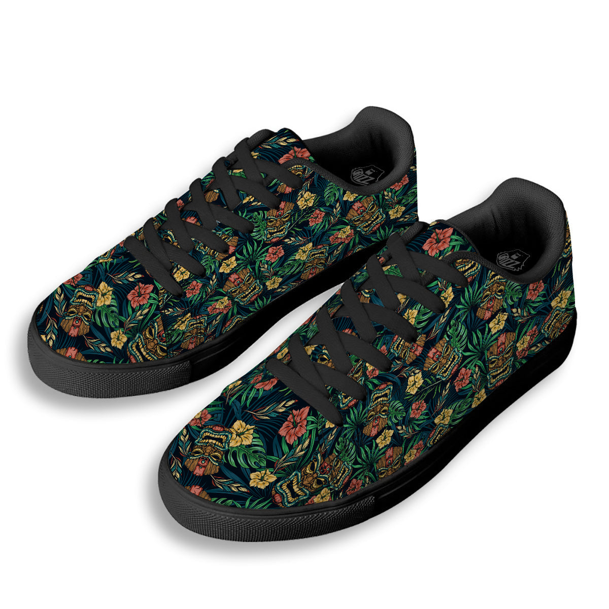 Tiki Tropical Print Pattern Black Low Top Sneakers-grizzshop
