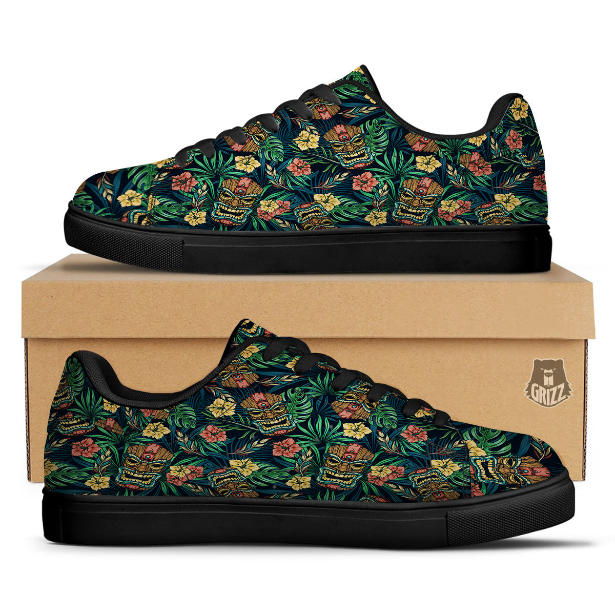 Tiki Tropical Print Pattern Black Low Top Sneakers-grizzshop