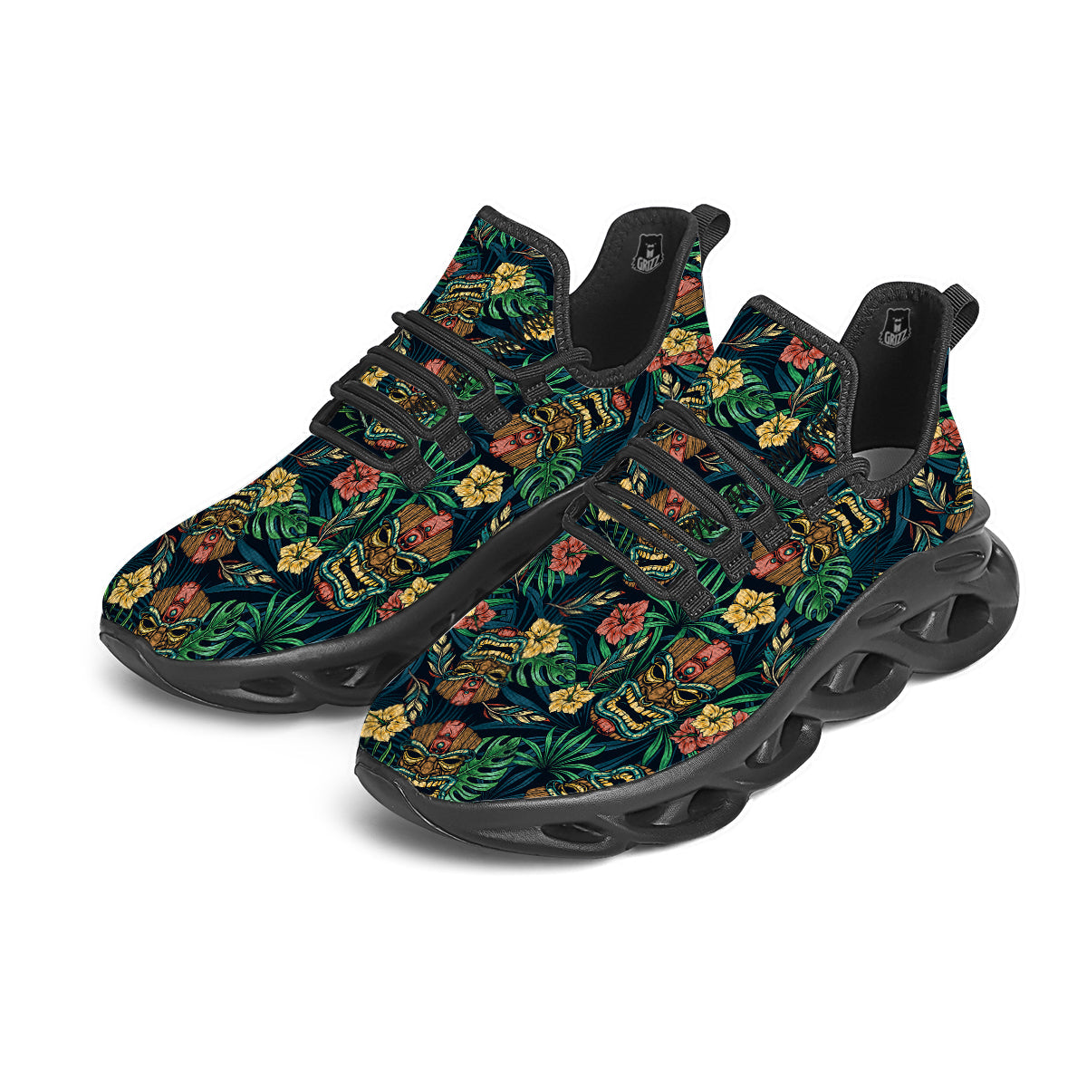 Tiki Tropical Print Pattern Black Running Shoes-grizzshop