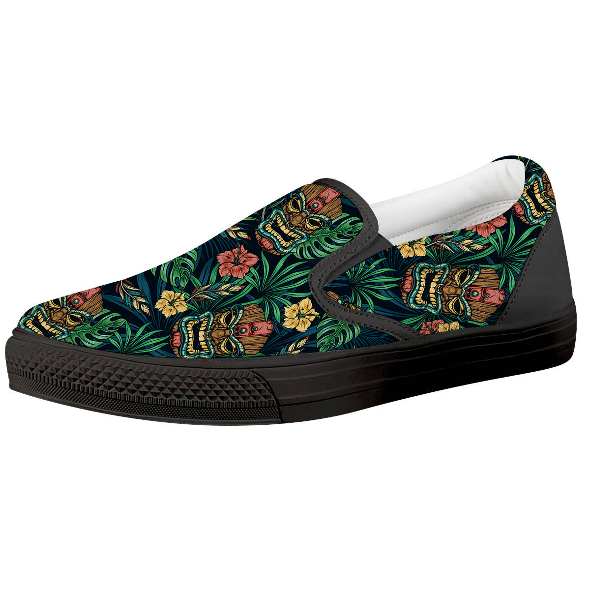 Tiki Tropical Print Pattern Black Slip On Shoes-grizzshop