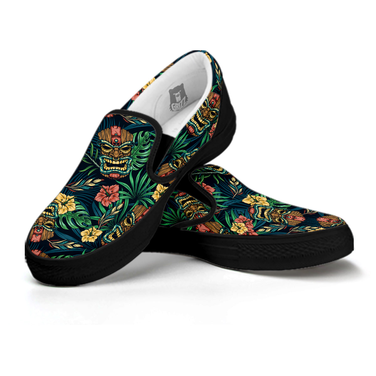 Tiki Tropical Print Pattern Black Slip On Shoes-grizzshop