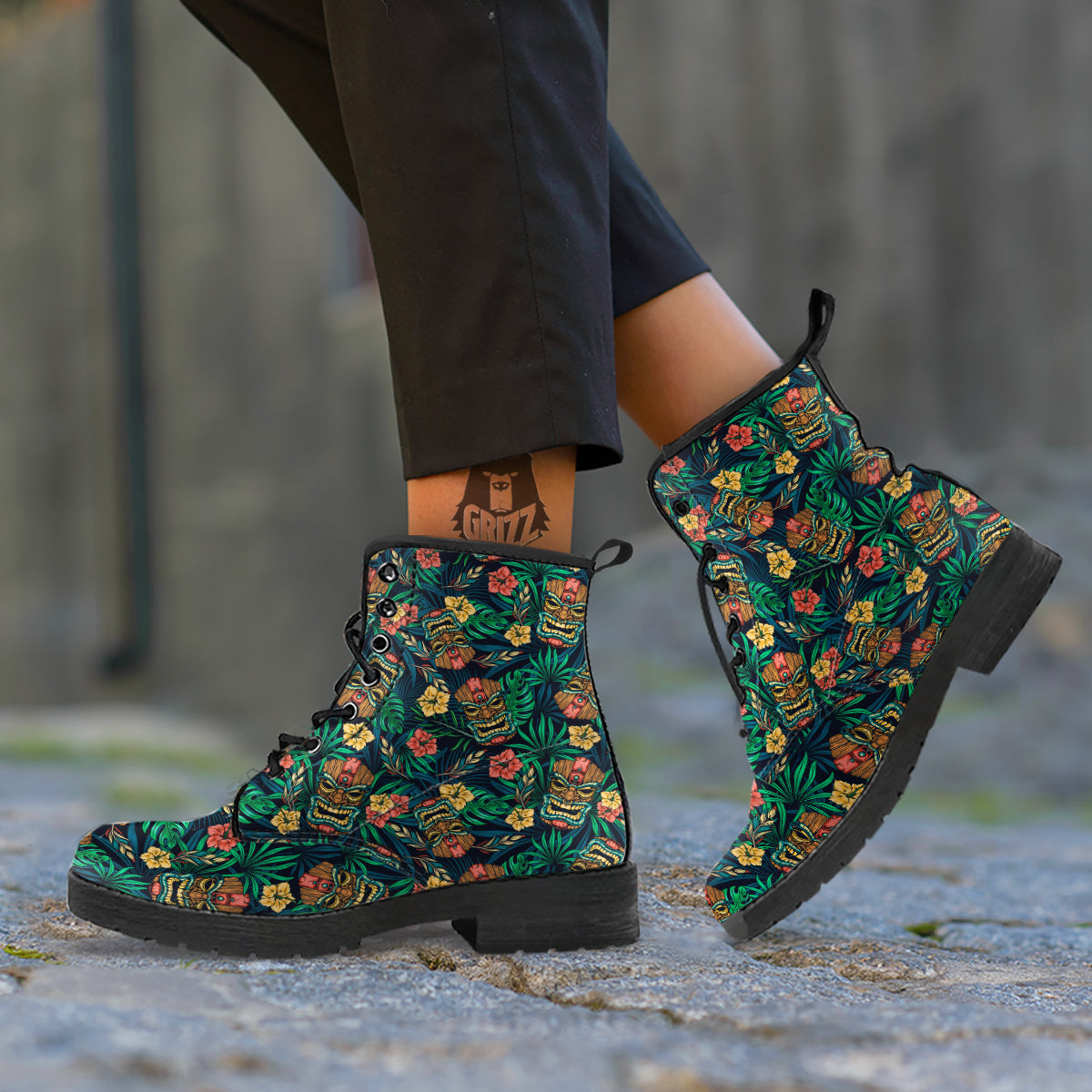 Tiki Tropical Print Pattern Leather Boots-grizzshop