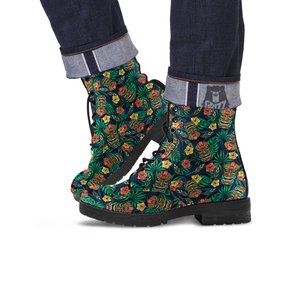 Tiki Tropical Print Pattern Leather Boots-grizzshop