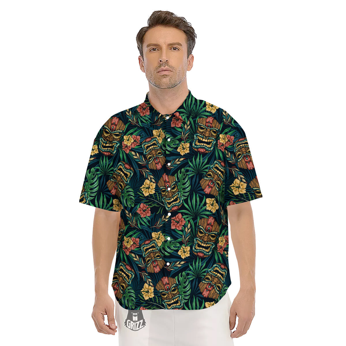 Tiki Tropical Print Pattern Men's Short Sleeve Shirts-grizzshop