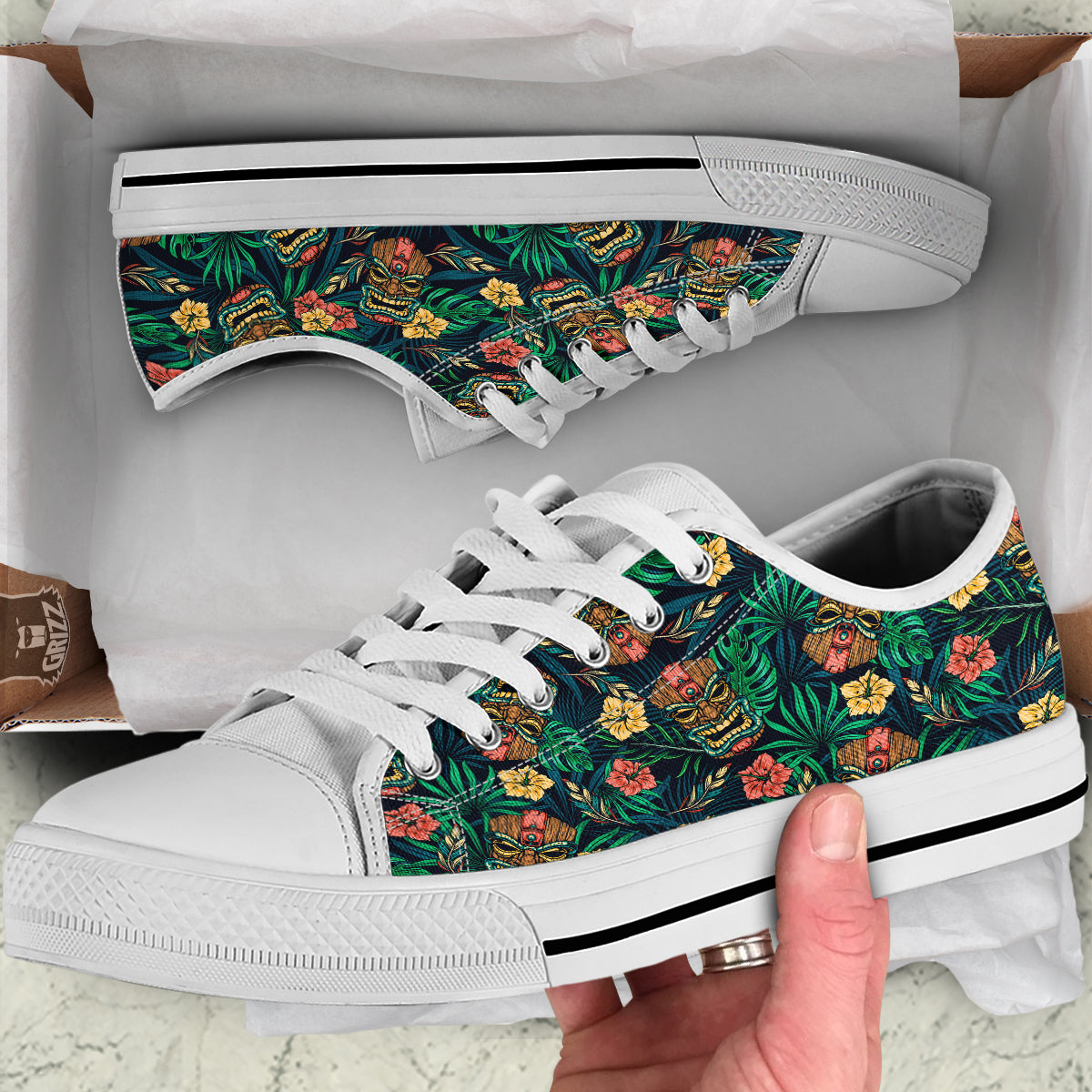 Tiki Tropical Print Pattern White Low Top Shoes-grizzshop