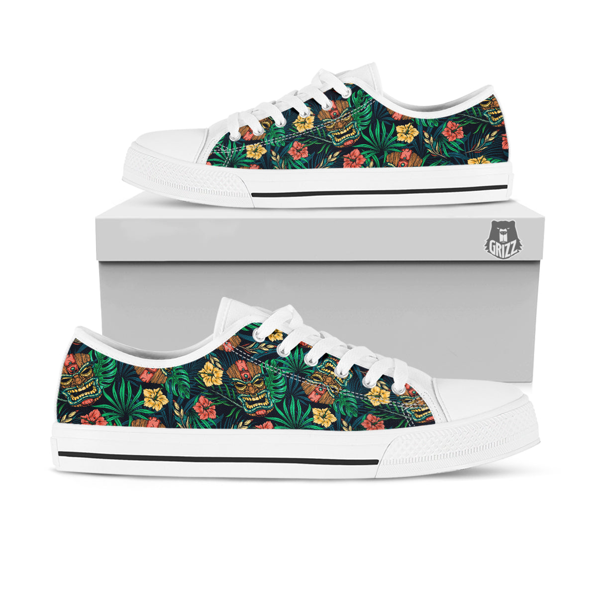 Tiki Tropical Print Pattern White Low Top Shoes-grizzshop