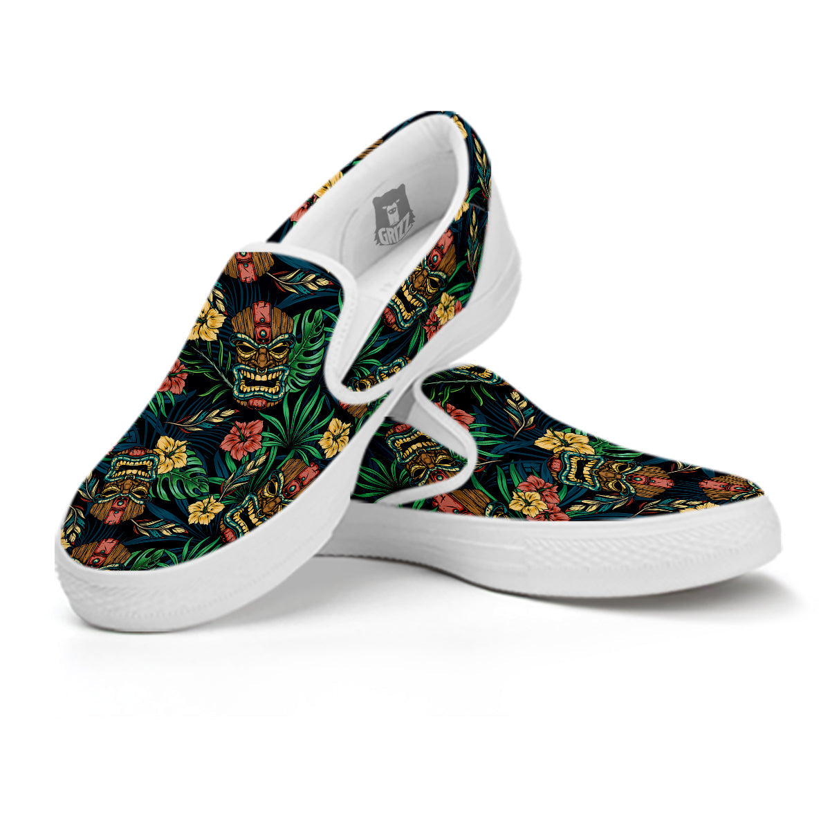 Tiki Tropical Print Pattern White Slip On Shoes-grizzshop