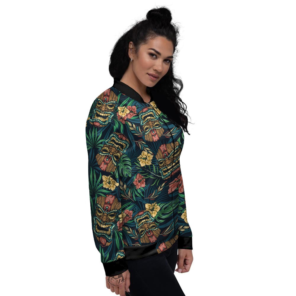 Tiki Tropical Print Pattern Women's Bomber Jacket-grizzshop