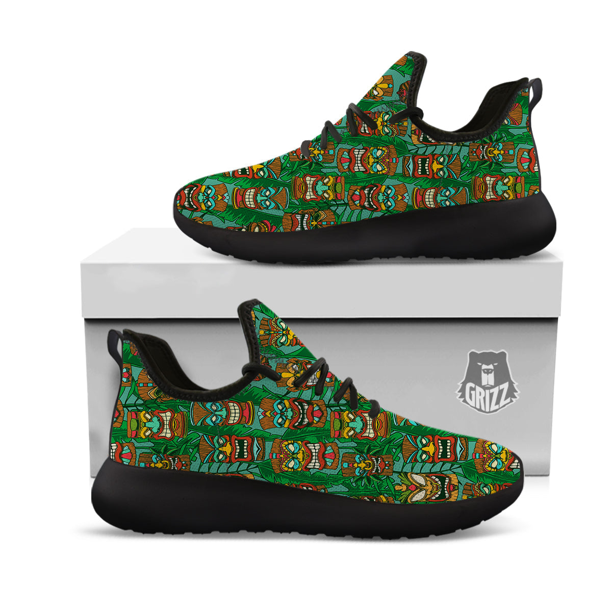Tiki Wooden Print Pattern Black Athletic Shoes-grizzshop