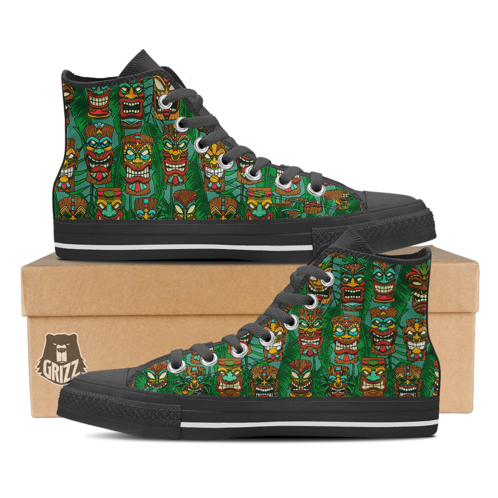 Tiki Wooden Print Pattern Black High Top Shoes-grizzshop