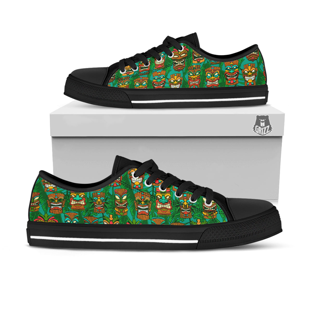 Tiki Wooden Print Pattern Black Low Top Shoes-grizzshop