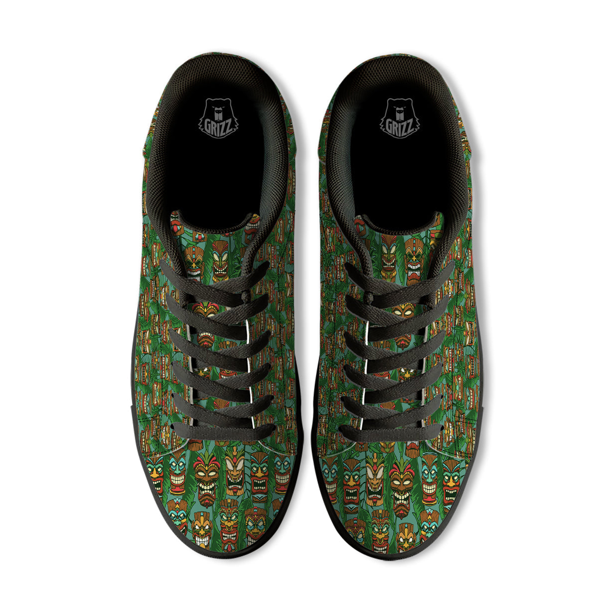 Tiki Wooden Print Pattern Black Low Top Sneakers-grizzshop
