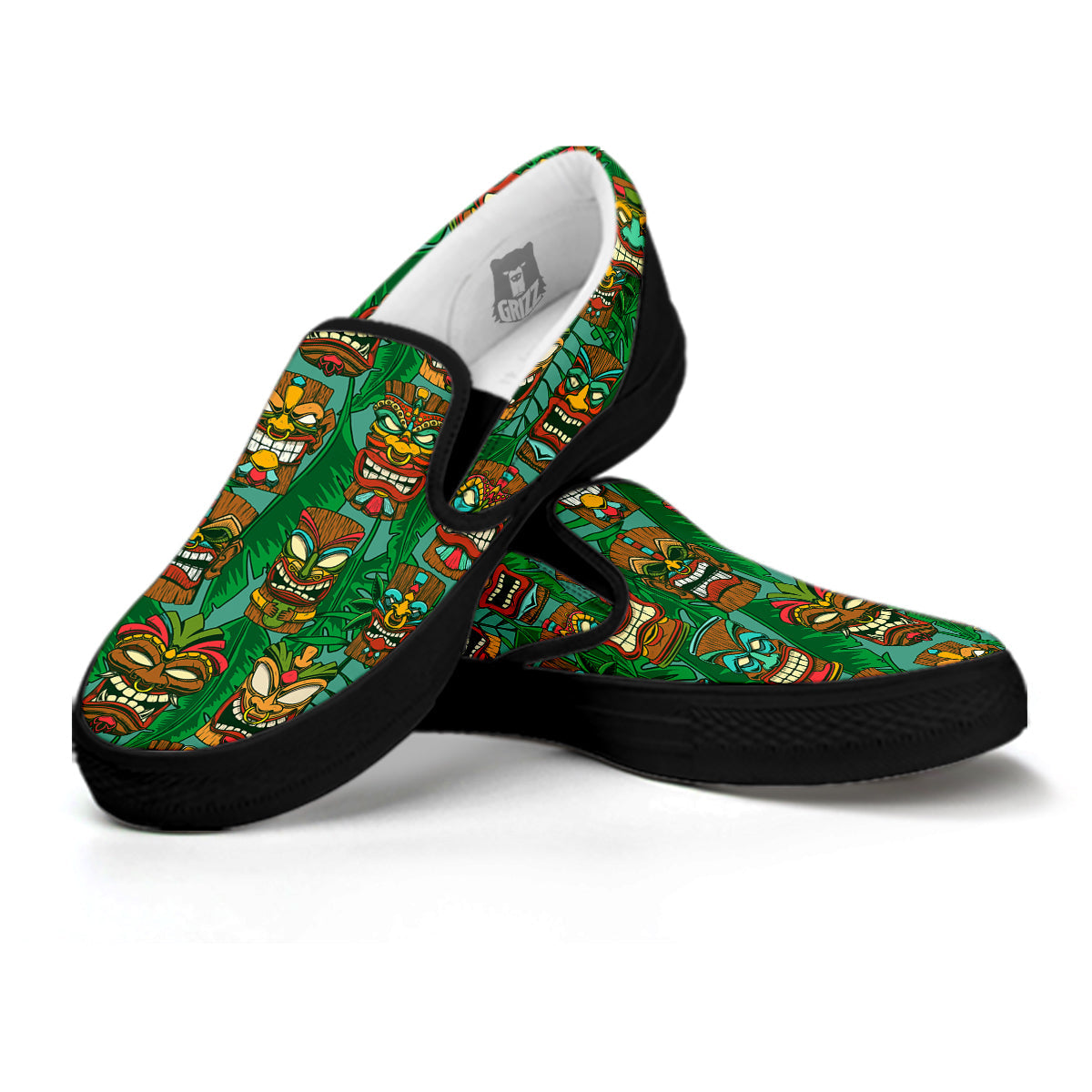 Tiki Wooden Print Pattern Black Slip On Shoes-grizzshop