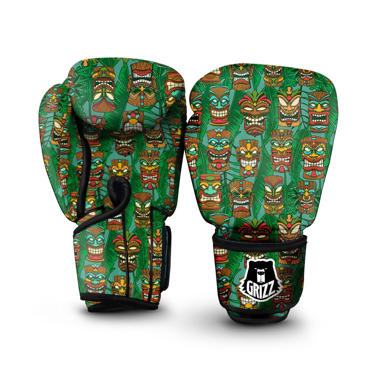 Tiki Wooden Print Pattern Boxing Gloves-grizzshop