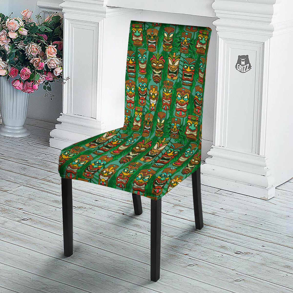 Tiki Wooden Print Pattern Dining Chair Slipcover-grizzshop