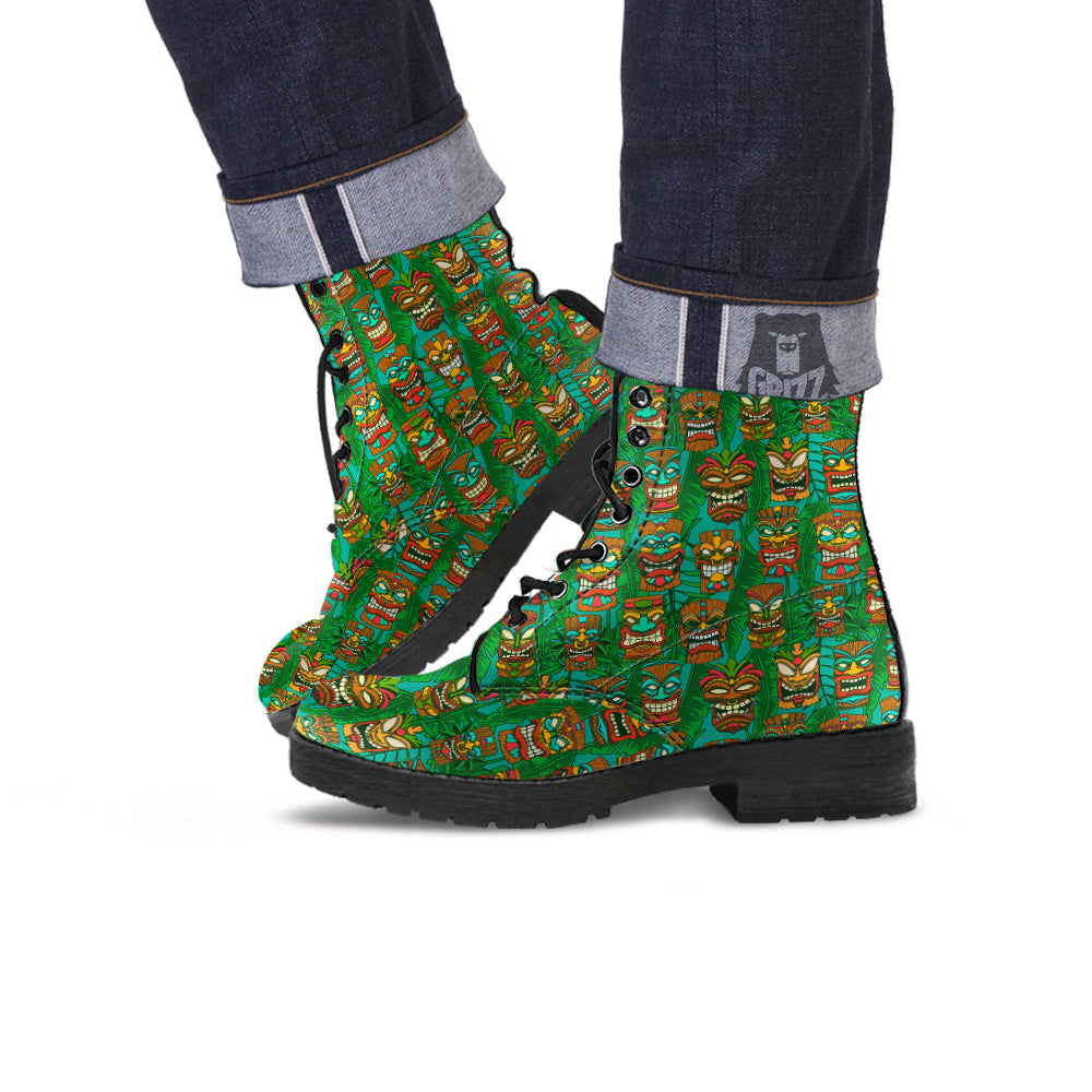 Tiki Wooden Print Pattern Leather Boots-grizzshop