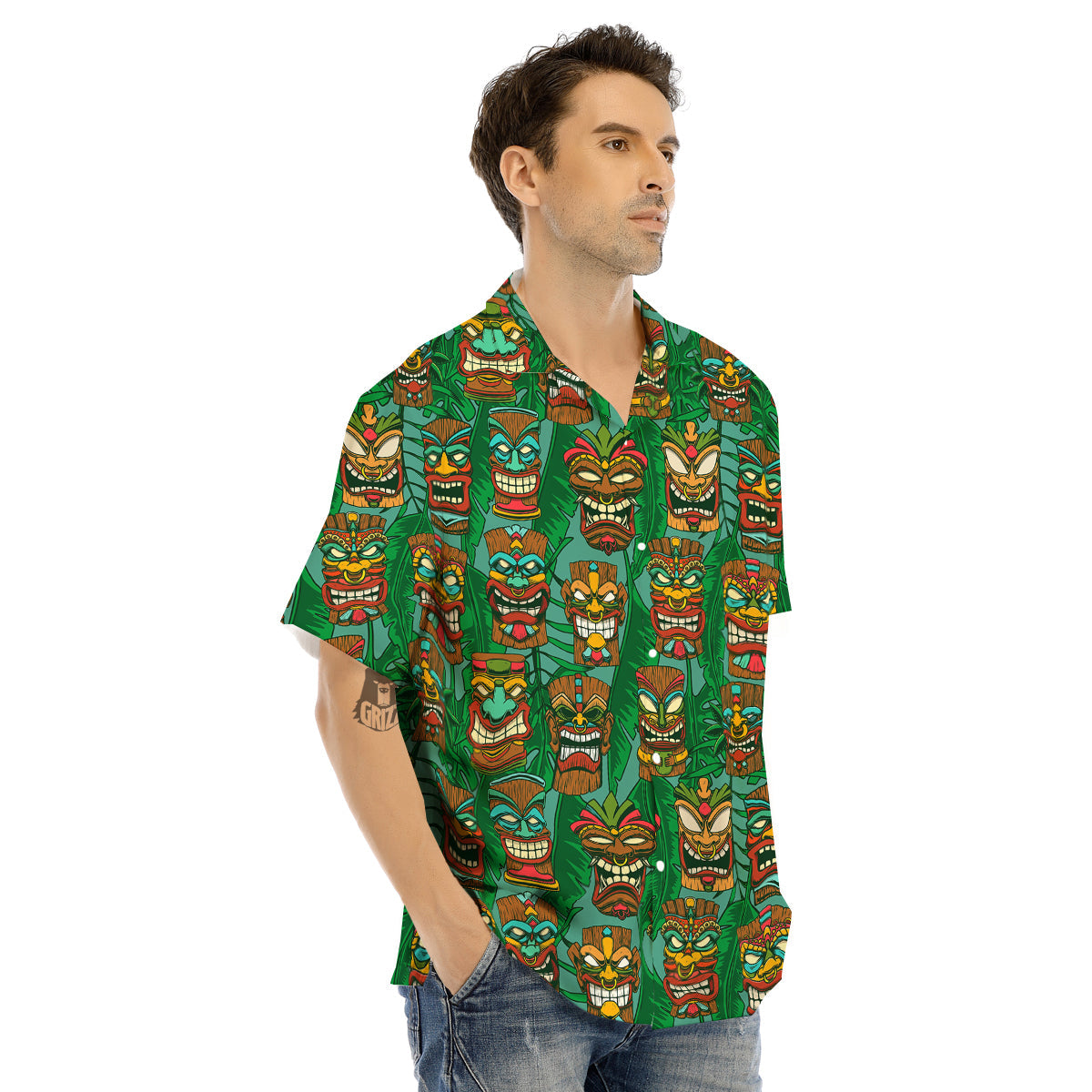 Tiki Wooden Print Pattern Men's Hawaiian Shirt-grizzshop