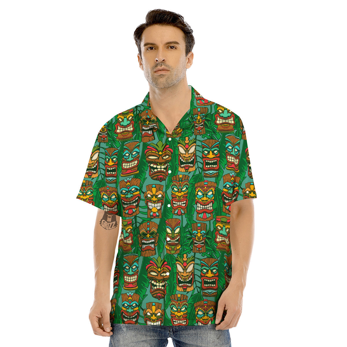 Tiki Wooden Print Pattern Men's Hawaiian Shirt-grizzshop