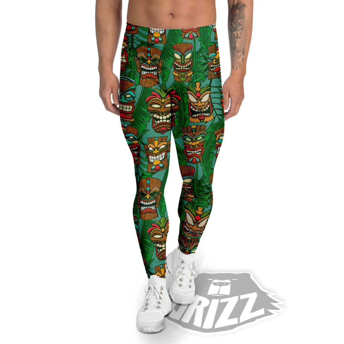 Tiki Wooden Print Pattern Men's Leggings-grizzshop