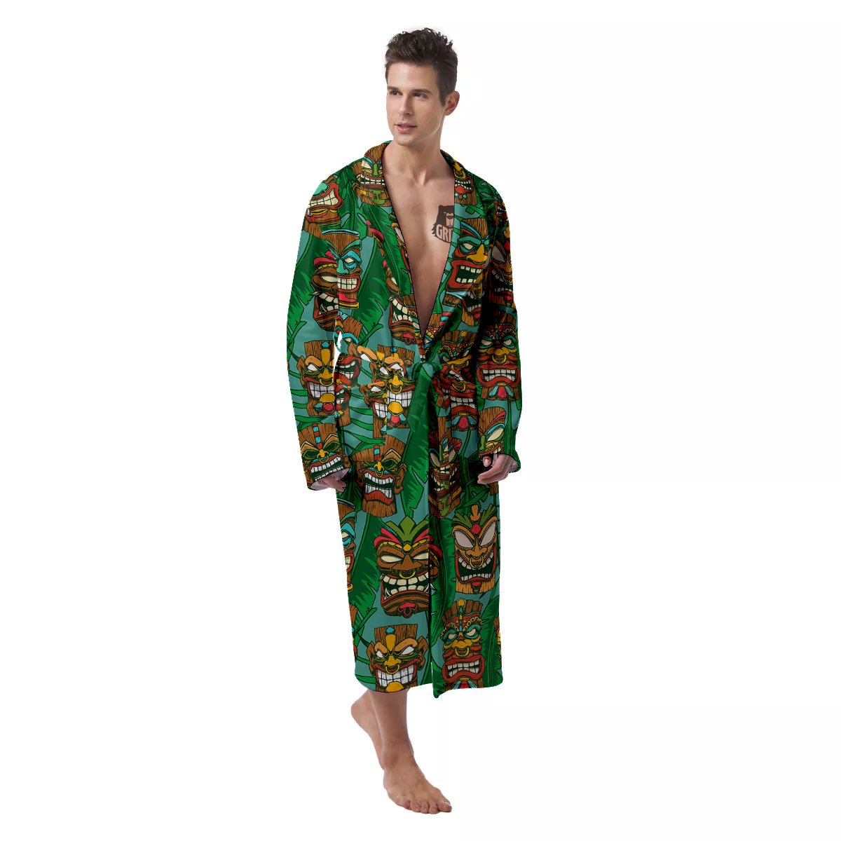 Tiki Wooden Print Pattern Men's Robe-grizzshop