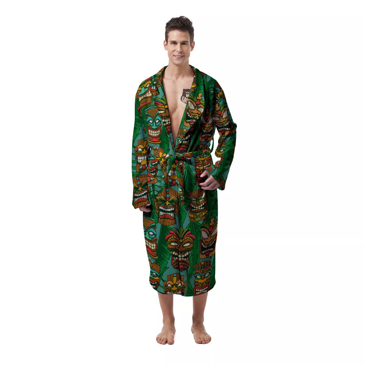 Tiki Wooden Print Pattern Men's Robe-grizzshop