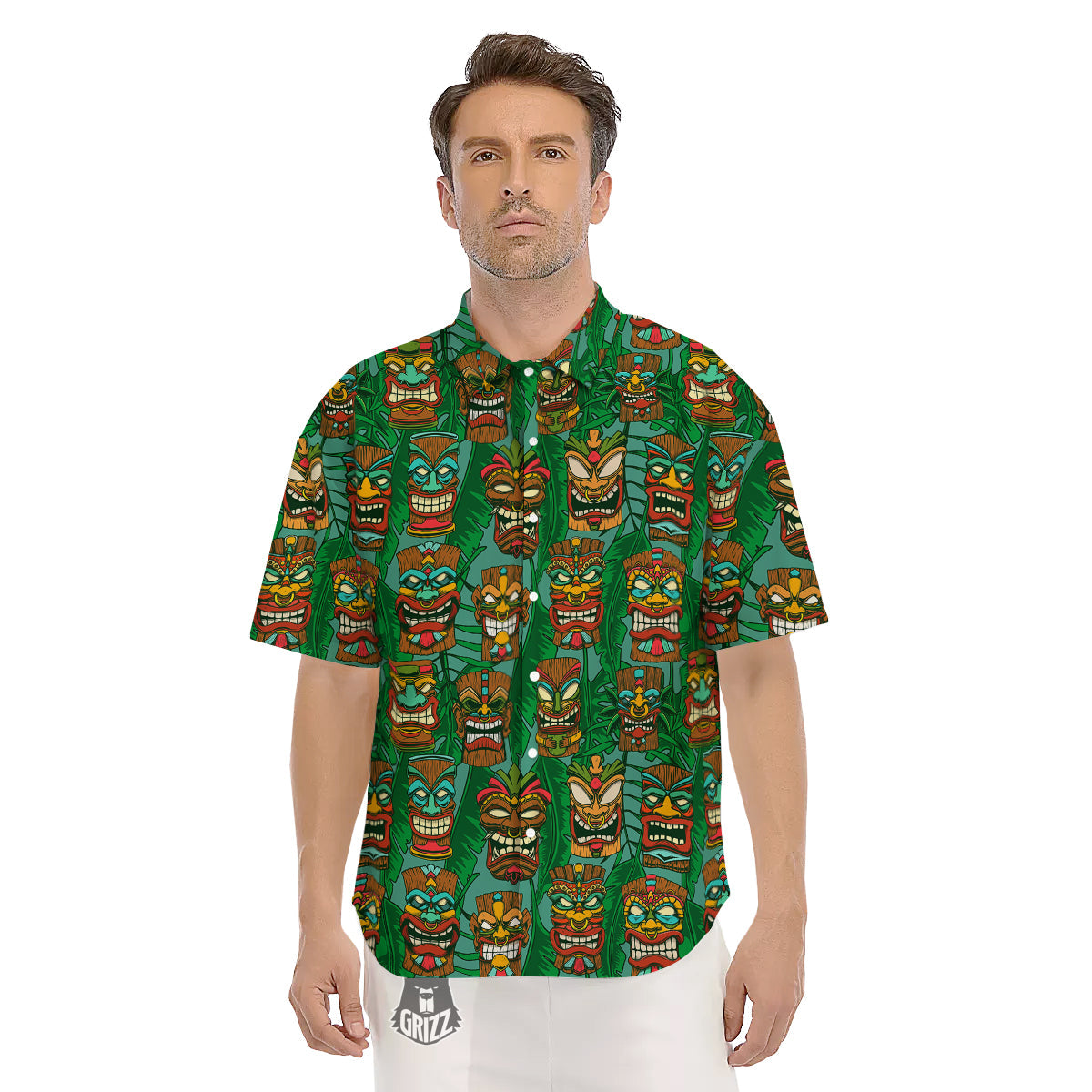 Tiki Wooden Print Pattern Men's Short Sleeve Shirts-grizzshop