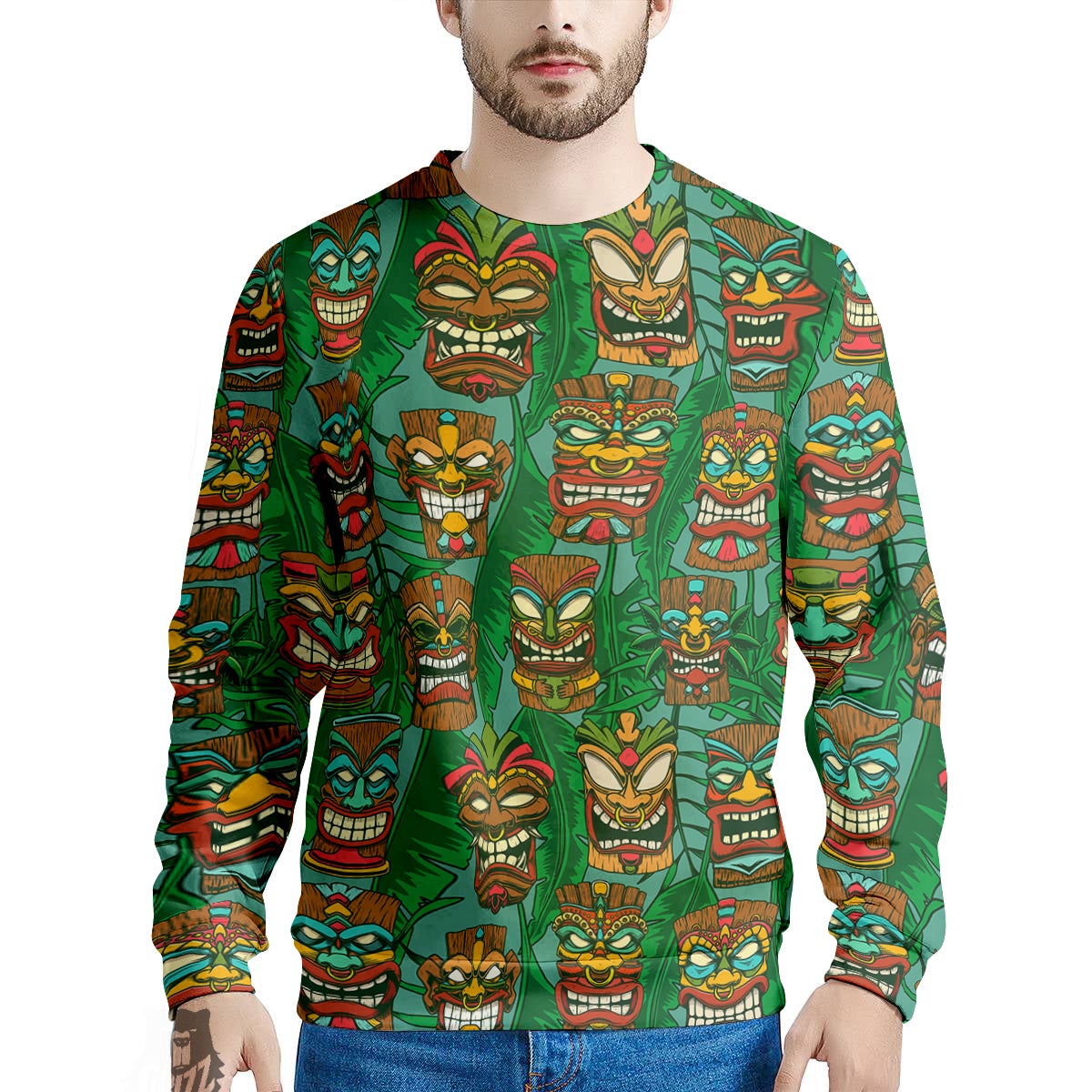 Tiki Wooden Print Pattern Men's Sweatshirt-grizzshop