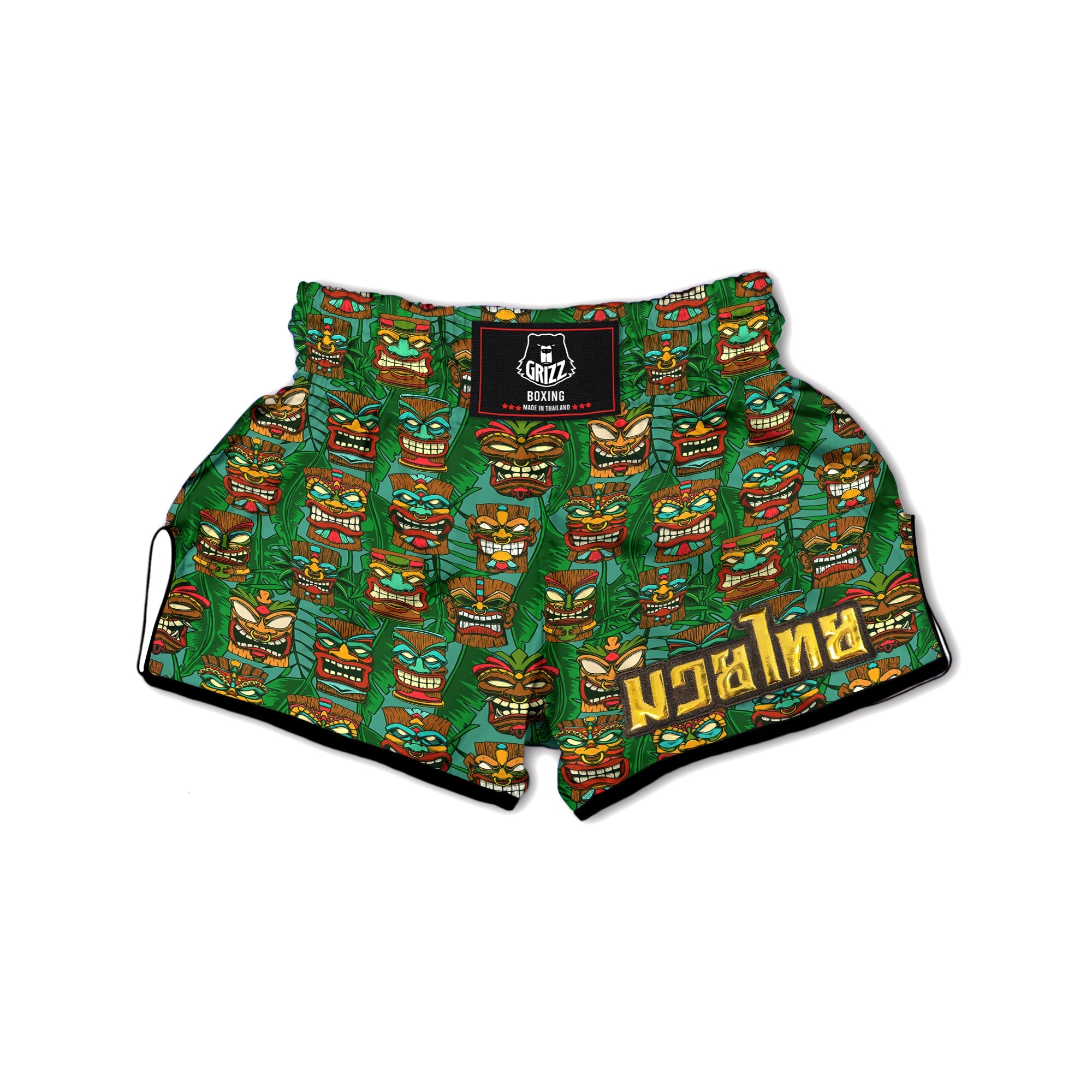 Tiki Wooden Print Pattern Muay Thai Boxing Shorts-grizzshop