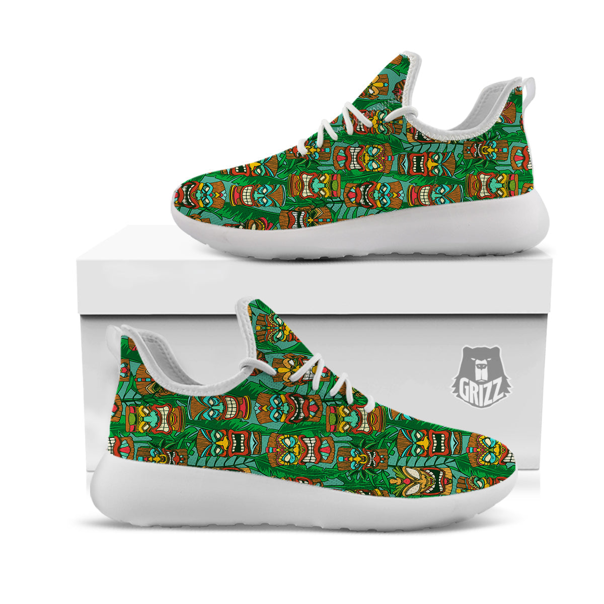 Tiki Wooden Print Pattern White Athletic Shoes-grizzshop