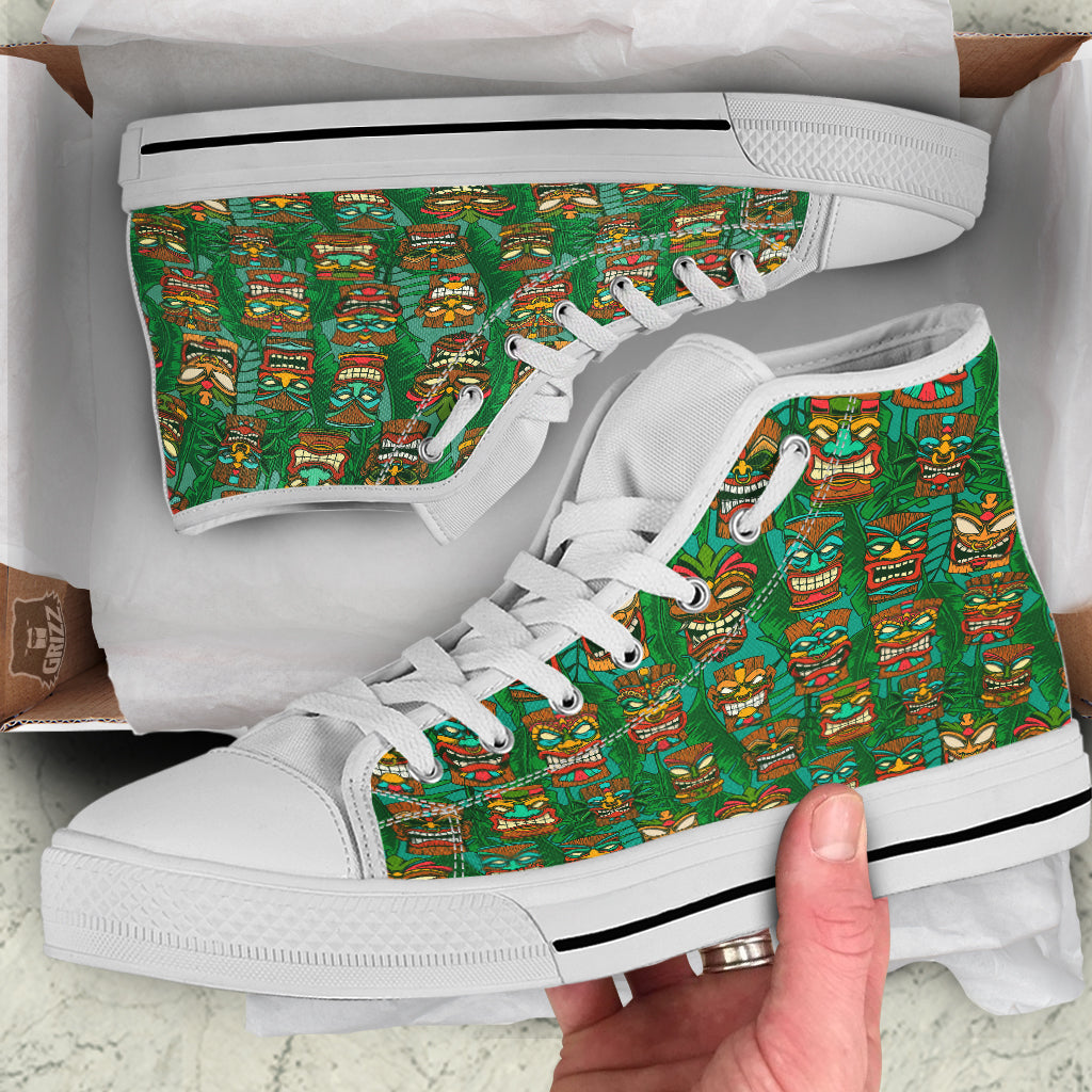 Tiki Wooden Print Pattern White High Top Shoes-grizzshop