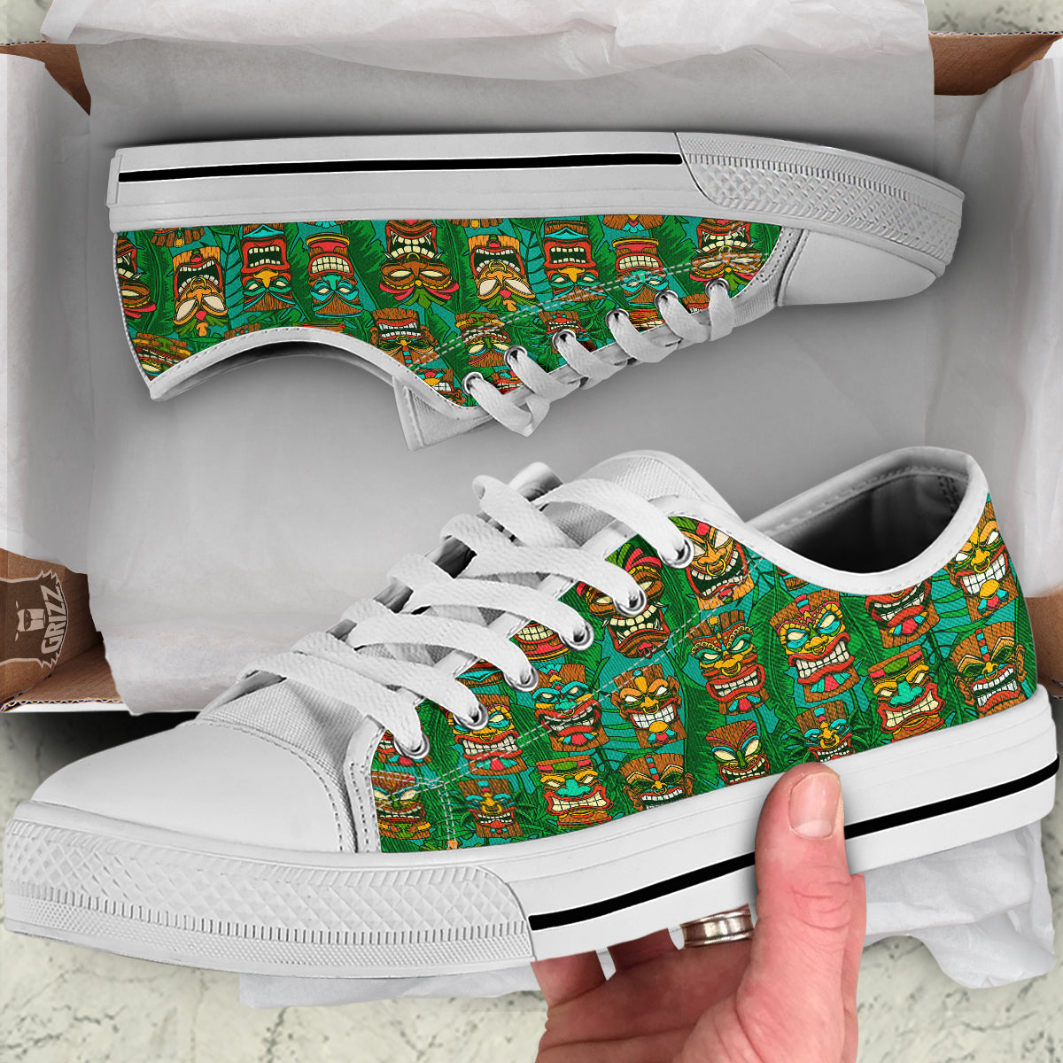 Tiki Wooden Print Pattern White Low Top Shoes-grizzshop