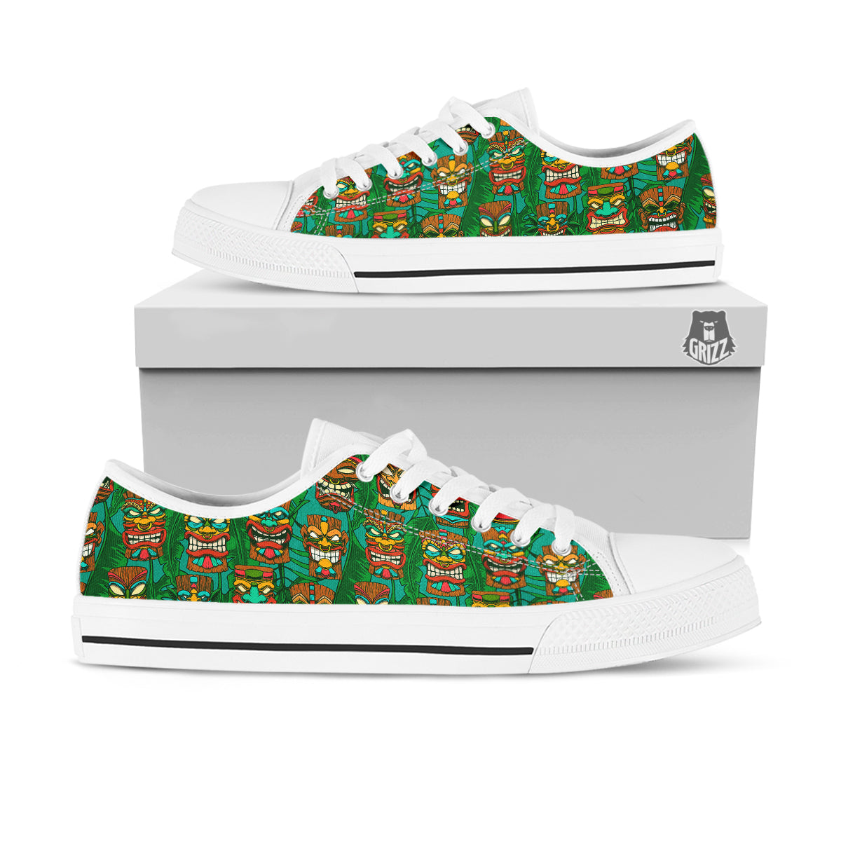 Tiki Wooden Print Pattern White Low Top Shoes-grizzshop