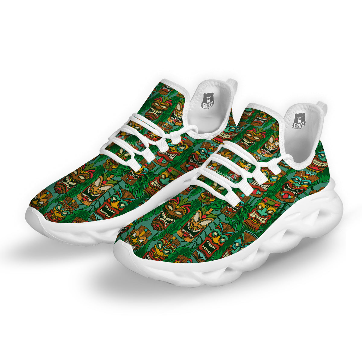 Tiki Wooden Print Pattern White Running Shoes-grizzshop
