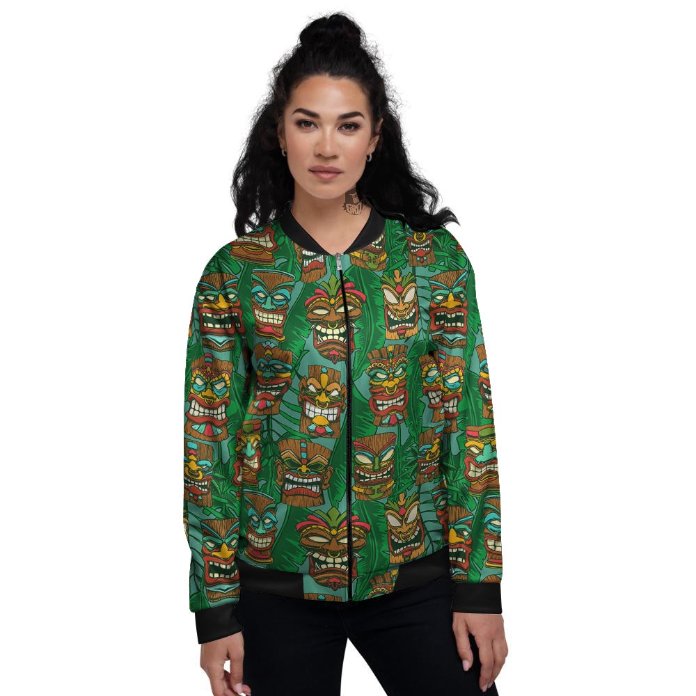 Tiki Wooden Print Pattern Women's Bomber Jacket-grizzshop