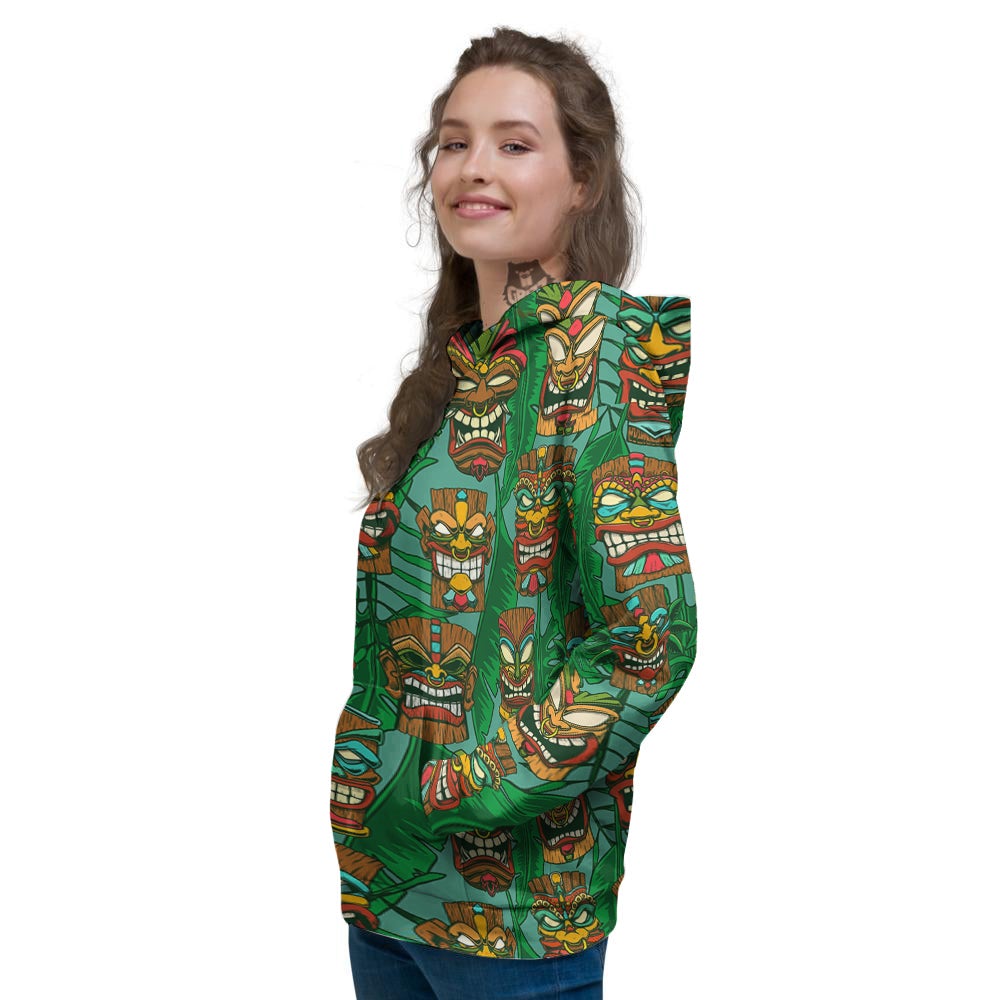 Tiki Wooden Print Pattern Women's Hoodie-grizzshop