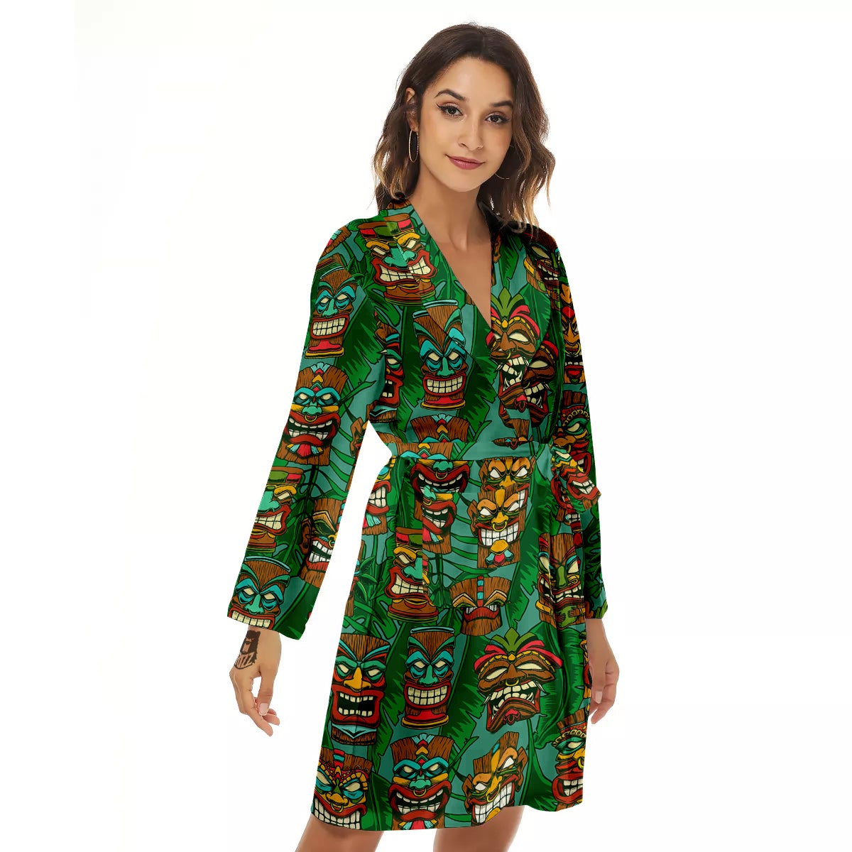 Tiki Wooden Print Pattern Women's Robe-grizzshop