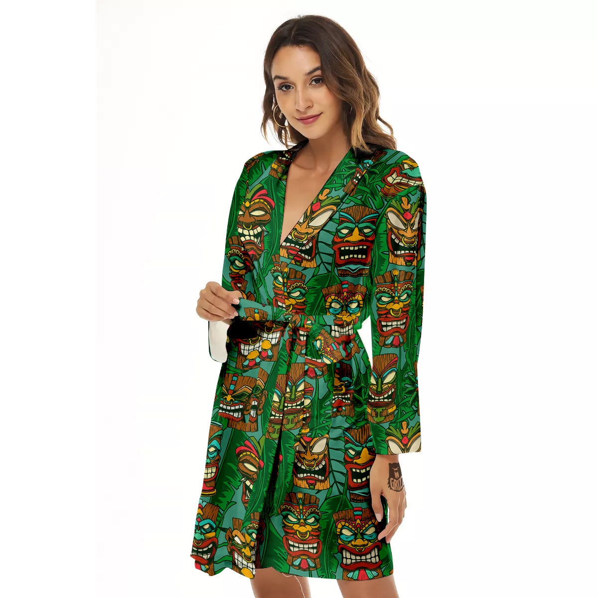 Tiki Wooden Print Pattern Women's Robe-grizzshop