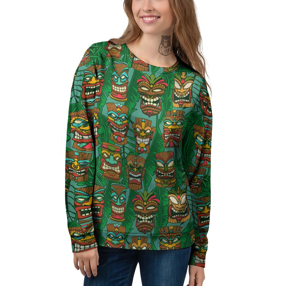 Tiki Wooden Print Pattern Women's Sweatshirt-grizzshop
