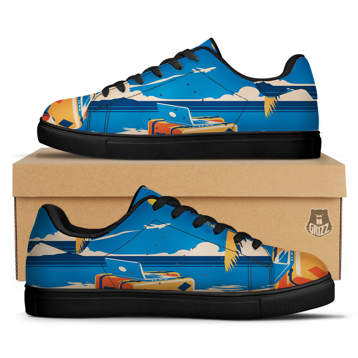 Time To Travel Summer Holiday Print Black Low Top Sneakers-grizzshop