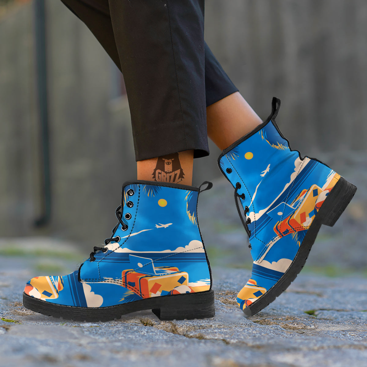 Time To Travel Summer Holiday Print Leather Boots-grizzshop
