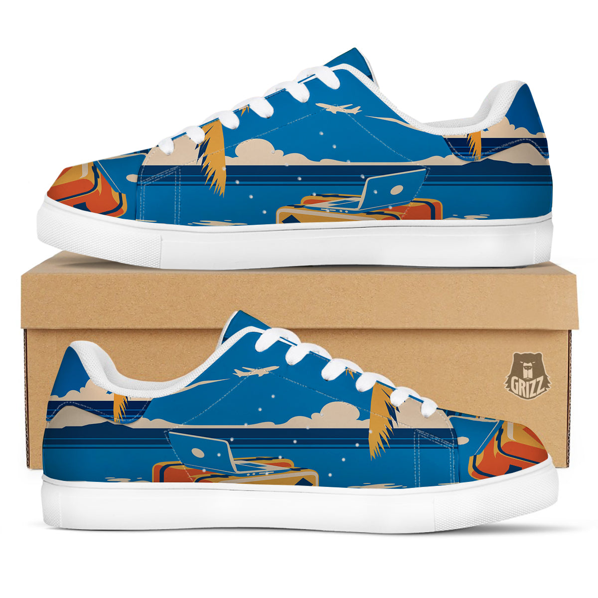 Time To Travel Summer Holiday Print White Low Top Sneakers-grizzshop