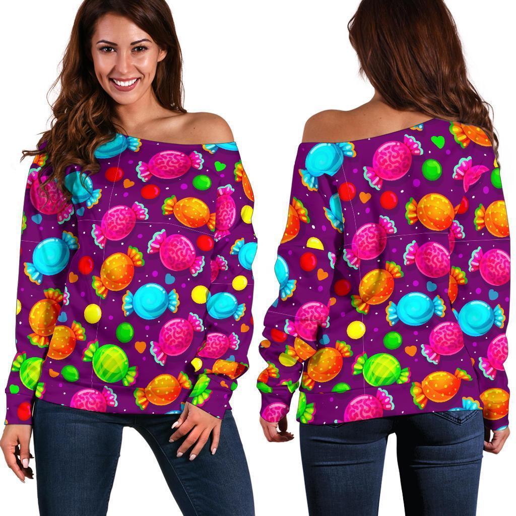 Toffee Candy Pattern Print Women Off Shoulder Sweatshirt-grizzshop